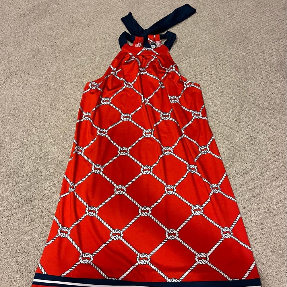 Mudpie Natalie Bow Mini Dress Womens Medium 8-10 Red Rope Print Nautical Casual - Picture 3 of 10